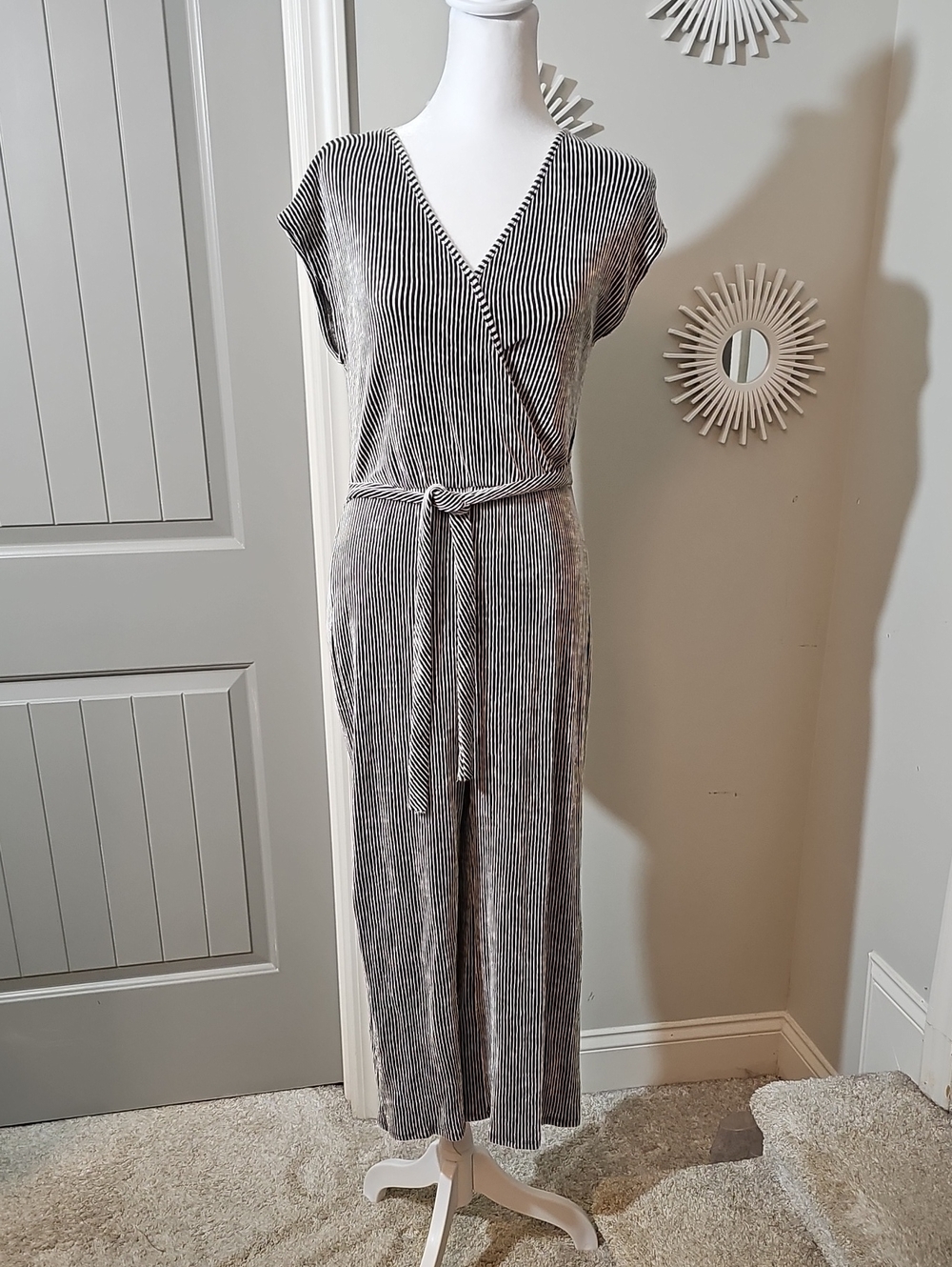 Caution To The Wind Black and White Striped Wrap Jumpsuit